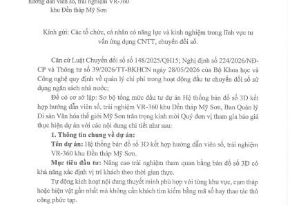 V/v mời cung cấp báo giá thực hiện dự ấn: Hệ thống bản đồ số 3D kết hợp hướng dẫn viên số, trải nghiệm VR-360 khu Đền tháp Mỹ Sơn